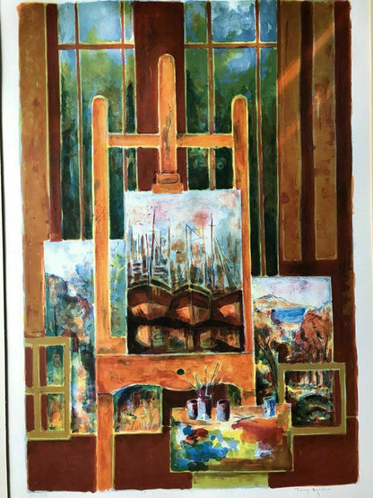 MCM LITHOGRAPH SIGNED Tony Agostini Vintage Artists Studio Orange Easel NUMBERED0