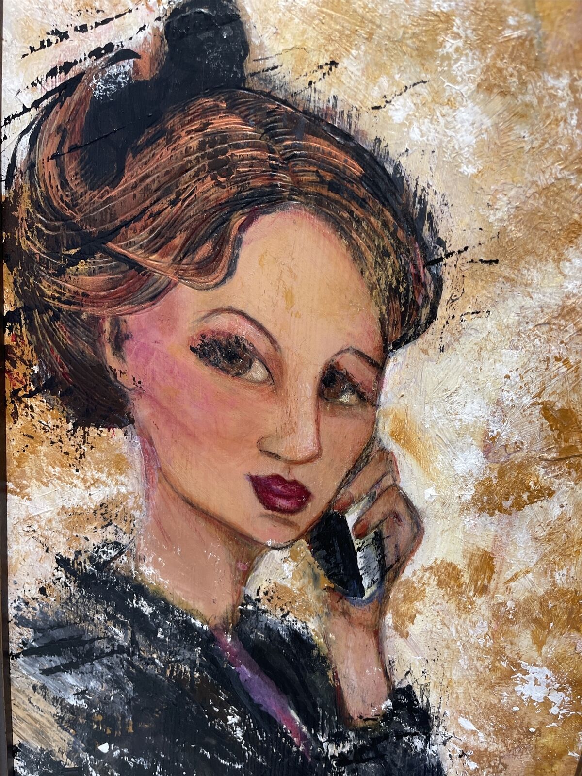 52” Orig Impasto Painting Sultry Telephone Girl Signed Postmodern Memphis Vibes2