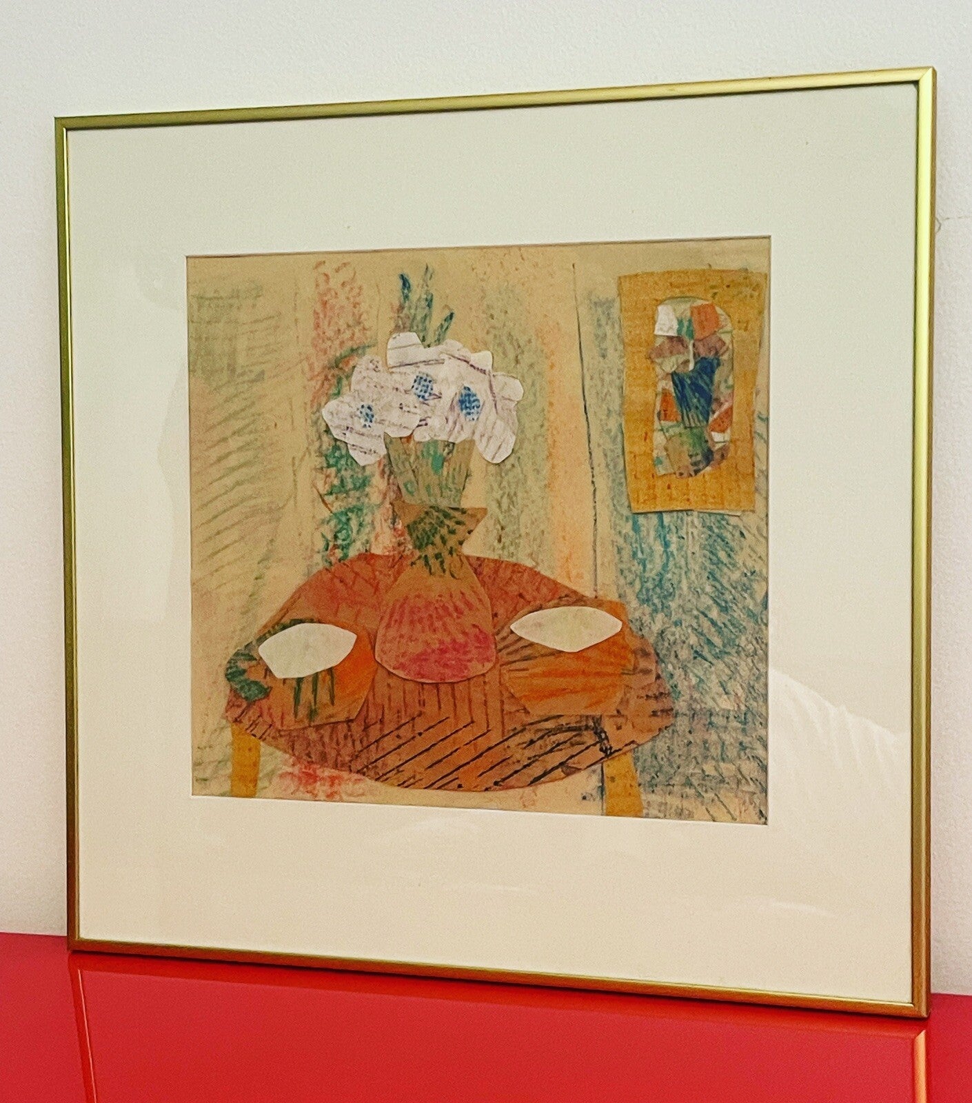 Abstract Dimensional Mixed Media Art Vintage Naïve Still Life 19” x 19” Canada1