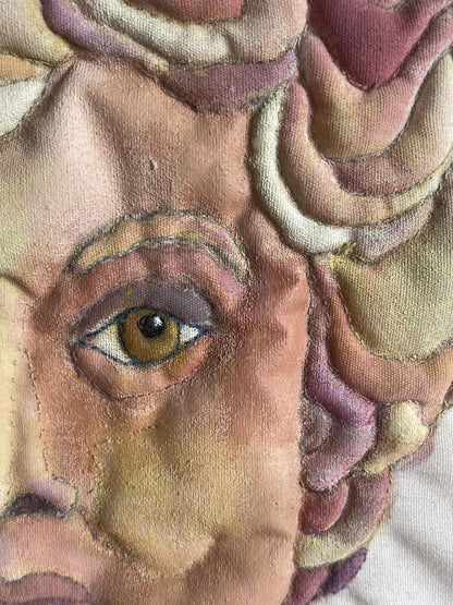 3D Mixed Media Fabric Art Portrait Hand-Painted & Quilted 1980s Lucite Box Frame5
