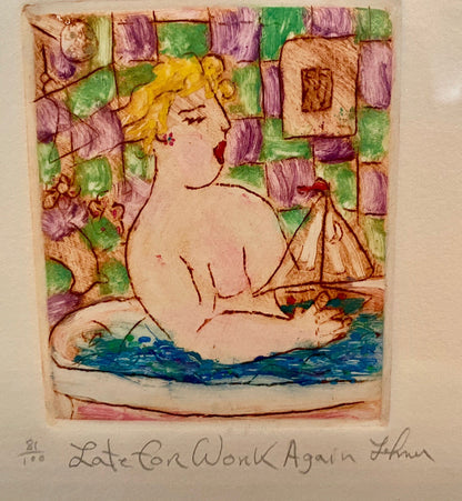Gerard Lehner Hand Colored Etching Naked Woman In Bathtub Signed Framed 81/1001