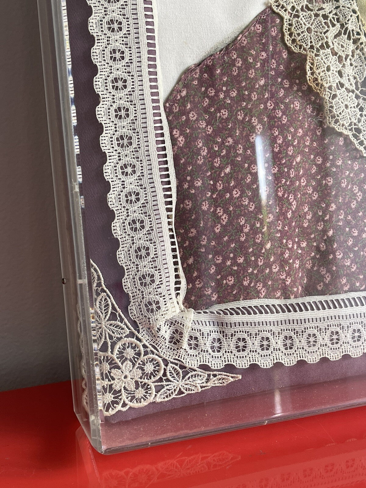 3D Mixed Media Fabric Art Portrait Hand-Painted & Quilted 1980s Lucite Box Frame3