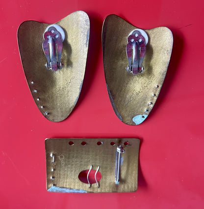 Oxidized Verdigris Modernist Copper Earrings Brooch Bracelet Set Signed Artisan3