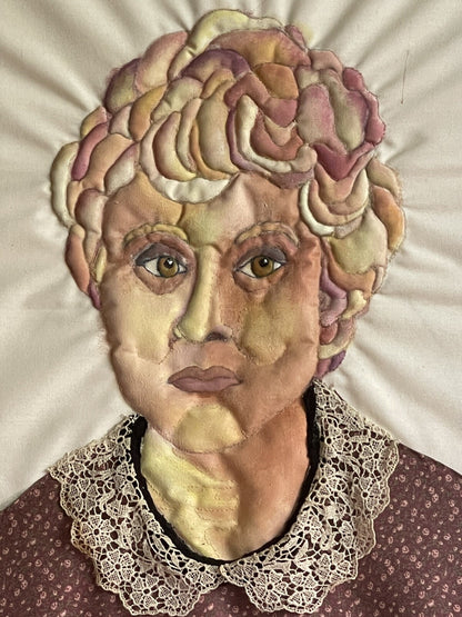 3D Mixed Media Fabric Art Portrait Hand-Painted & Quilted 1980s Lucite Box Frame2