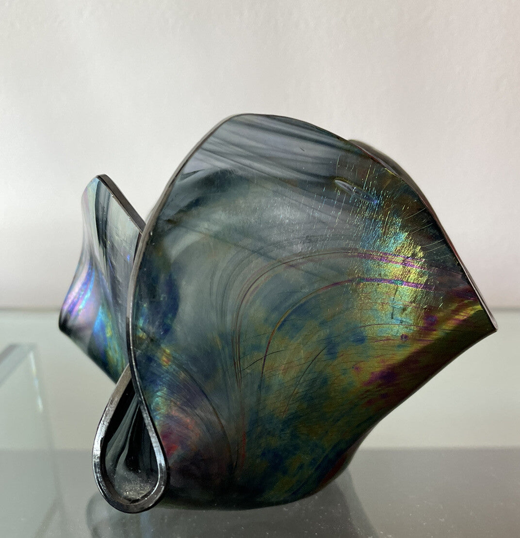 Iridescent Fazzoletto Folded Handkerchief Art Glass Signed Vintage 4” x 6” Excl4