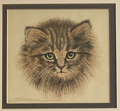 OOAK Cat Kitten Hand-Colored Pastel Lithograph Art Signed Gatterbauer Framed #60