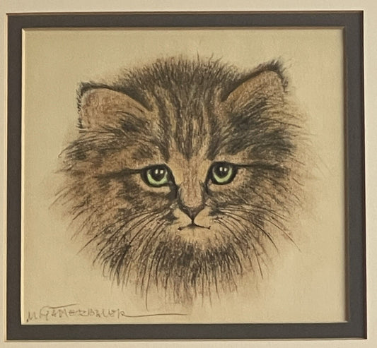 OOAK Cat Kitten Hand-Colored Pastel Lithograph Art Signed Gatterbauer Framed #60