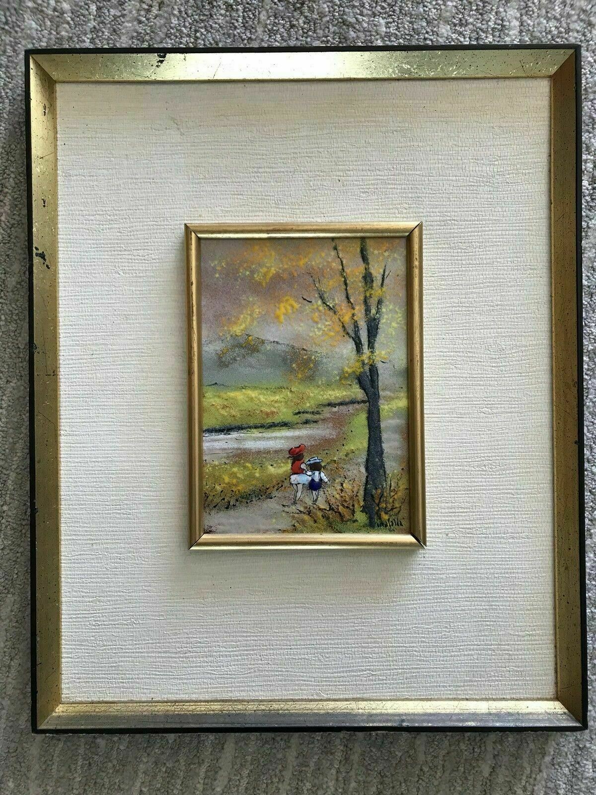 Copper Enamel Painting MAFALDA Children On Path 12” x 16” Louis Cardin Era 1970s0
