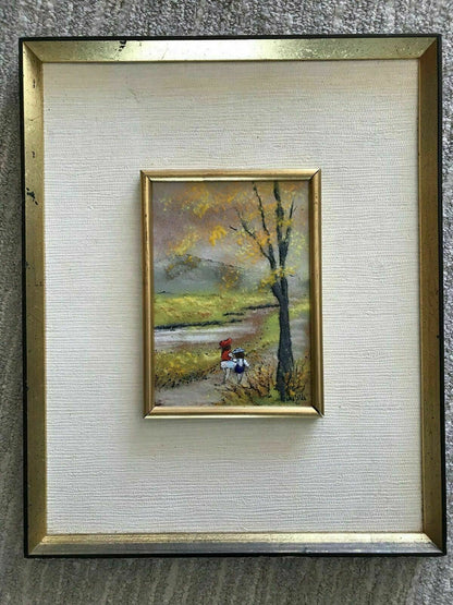 Copper Enamel Painting MAFALDA Children On Path 12” x 16” Louis Cardin Era 1970s0