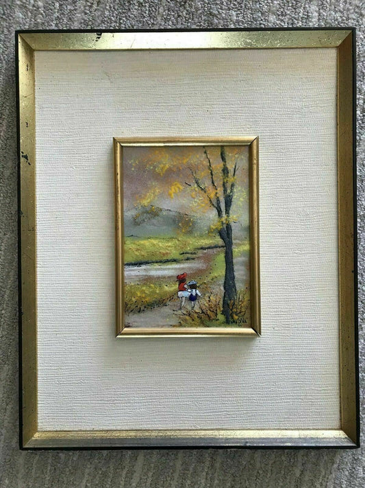 Copper Enamel Painting MAFALDA Children On Path 12” x 16” Louis Cardin Era 1970s0