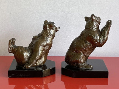 Vintage Frolicking Bear Bookends Louis Albert Carvin (?) Art Deco Marble Base1