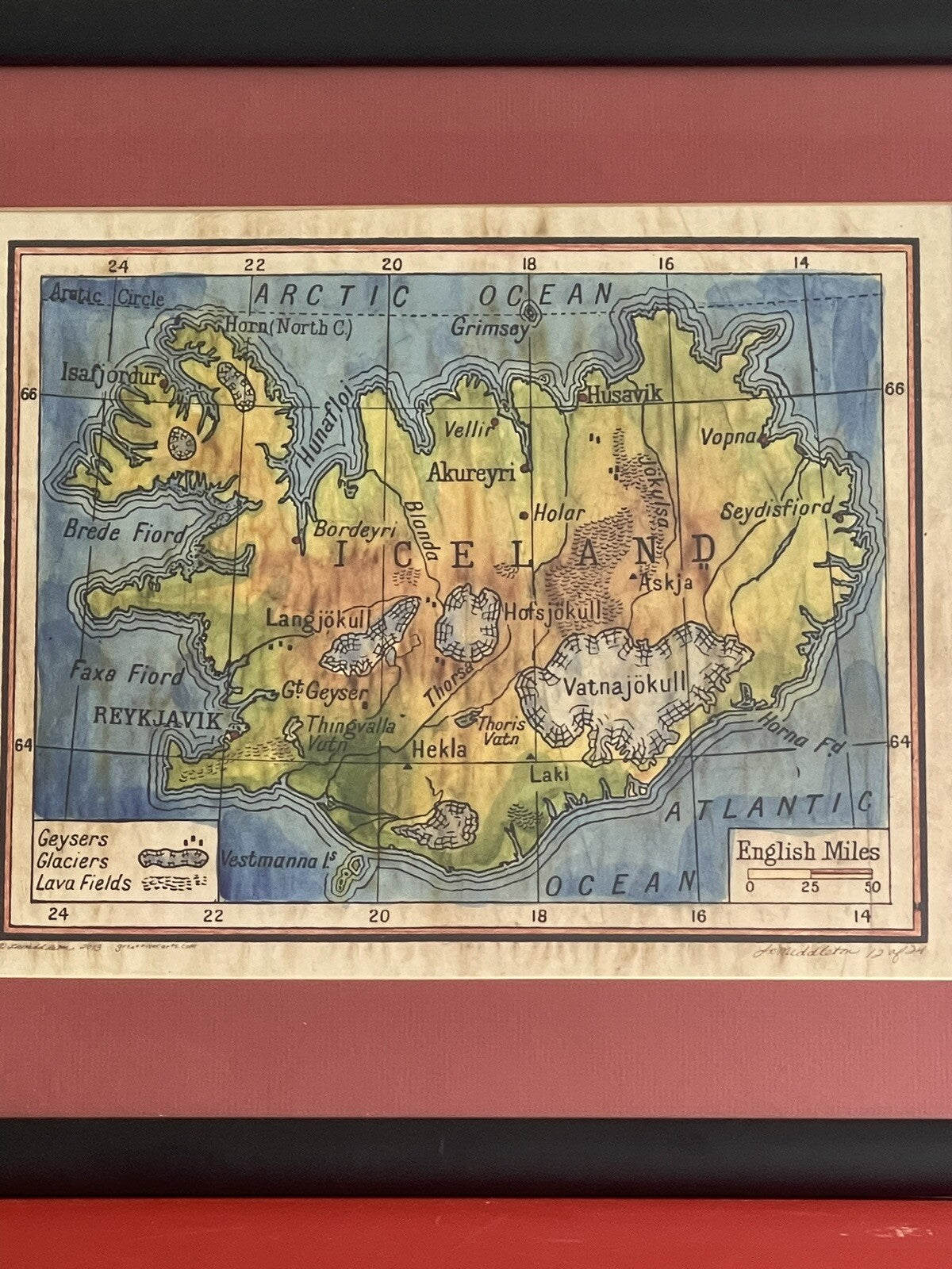 Hand Colored Iceland Historical Map Lisa Middleton Geysers Glaciers Lava Fields0