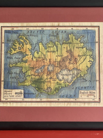 Hand Colored Iceland Historical Map Lisa Middleton Geysers Glaciers Lava Fields0