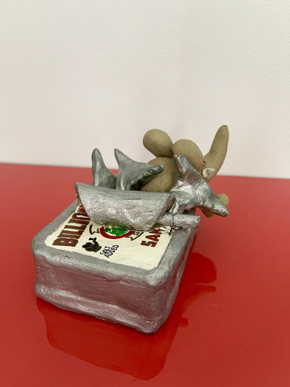 Whimsical 90s Pop Art Era Stoneware Sculpture LENORE ATWOOD Elephant Sardine Can1