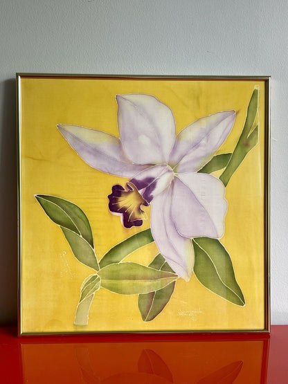 Painted Silk Batik Tropical Orchid Flower Framed Art Signed & Dated 1994 19” Sq0