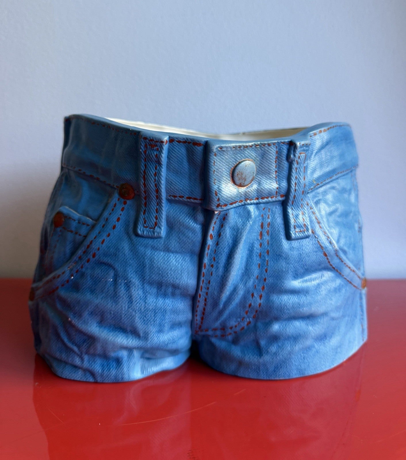 1979 Ceramic Denim Jeans Planter Vase Funky Hand Painted Hyperrealism Pop Art0