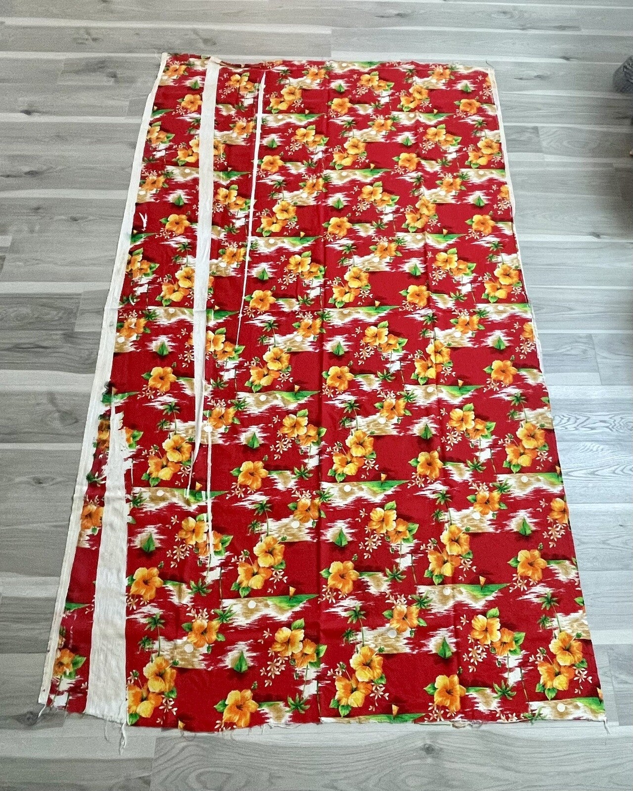 Vintage Hawaiian Print Fabric Midcentury Hibiscus Palm Trees Aloha MCM 55” x 95”1