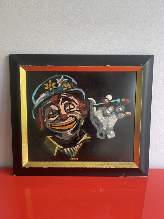 Kitsch Clown Velvet Portrait Framed Under Glass Wacky Weird Art 1960s 1970s0
