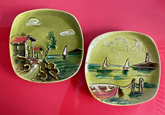 Mod Vintage MCM 1960s Hand Painted Ceramic Landscape Display Plates ITALY Kitsch0