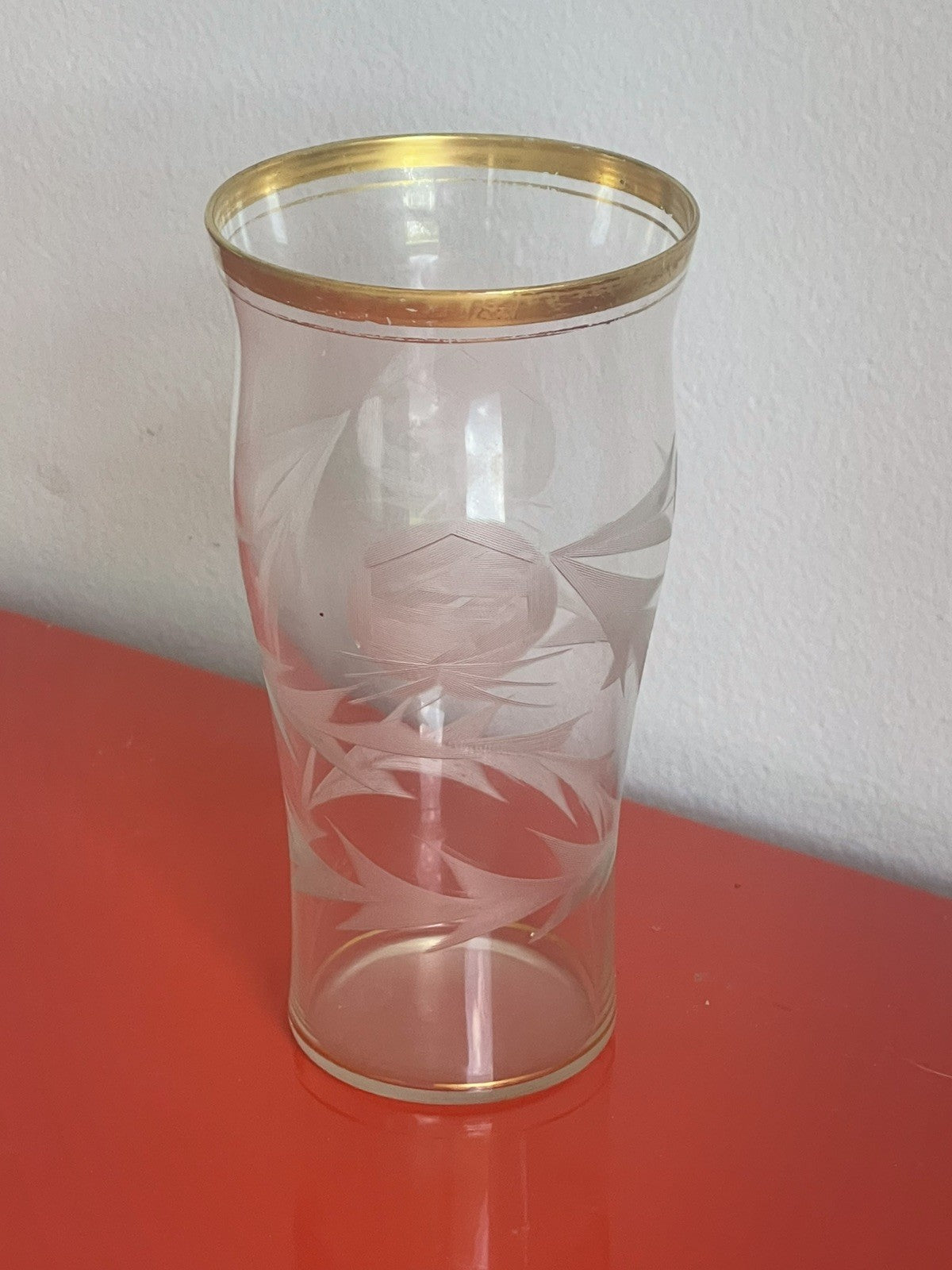 Delicate Vintage MCM Gold Rimmed Floral Etched Glass Tumblers 5.75” x 3” Moser?4