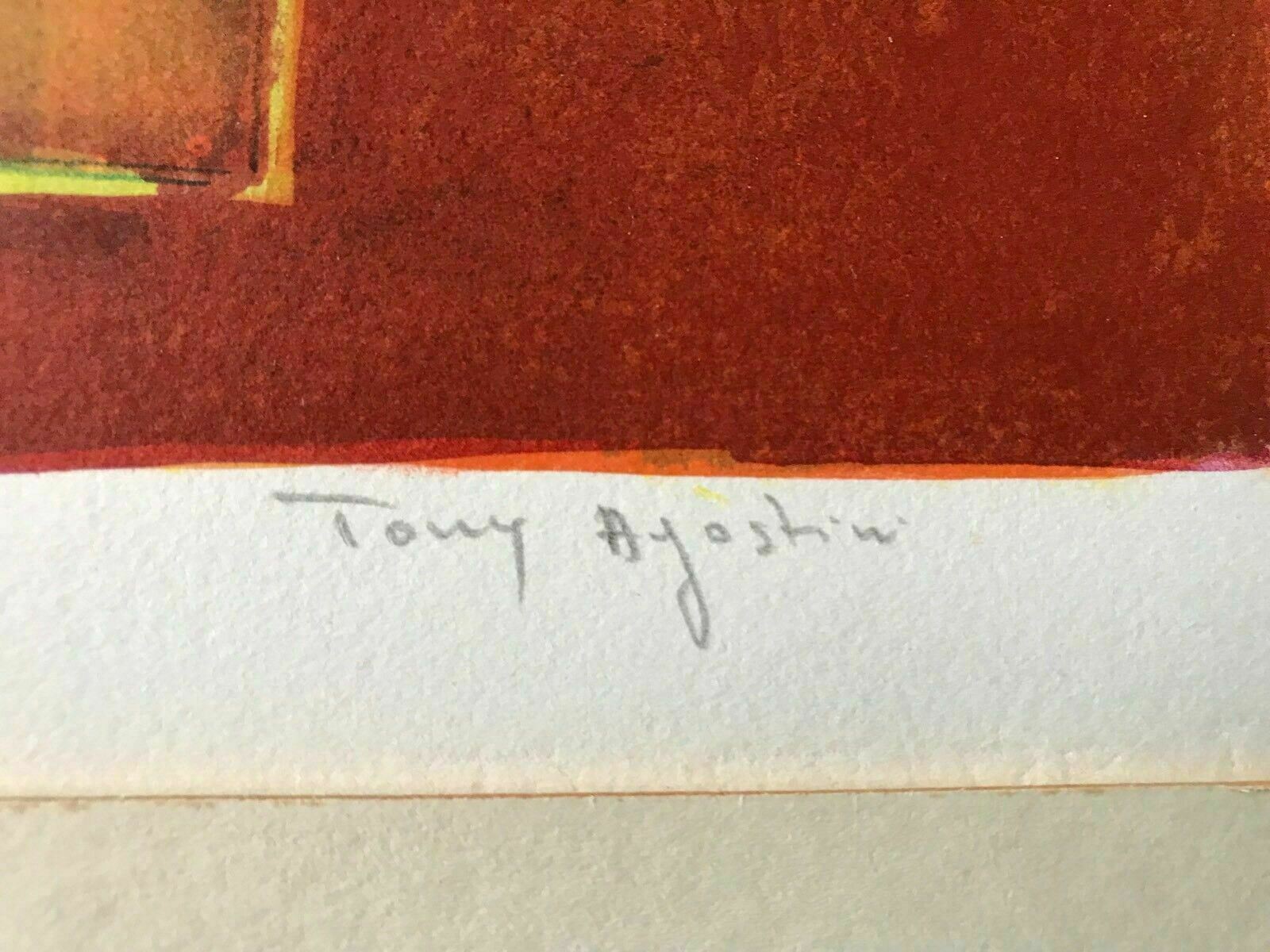 MCM LITHOGRAPH SIGNED Tony Agostini Vintage Artists Studio Orange Easel NUMBERED3