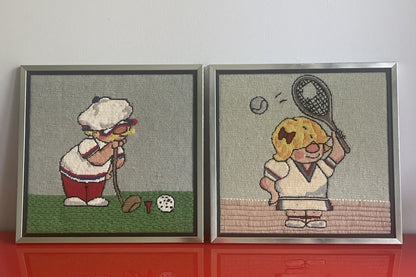 Comic 1970s Framed Sports Needlepoints GOLF TENNIS Groovy Kitsch Retro 16” x 16”0