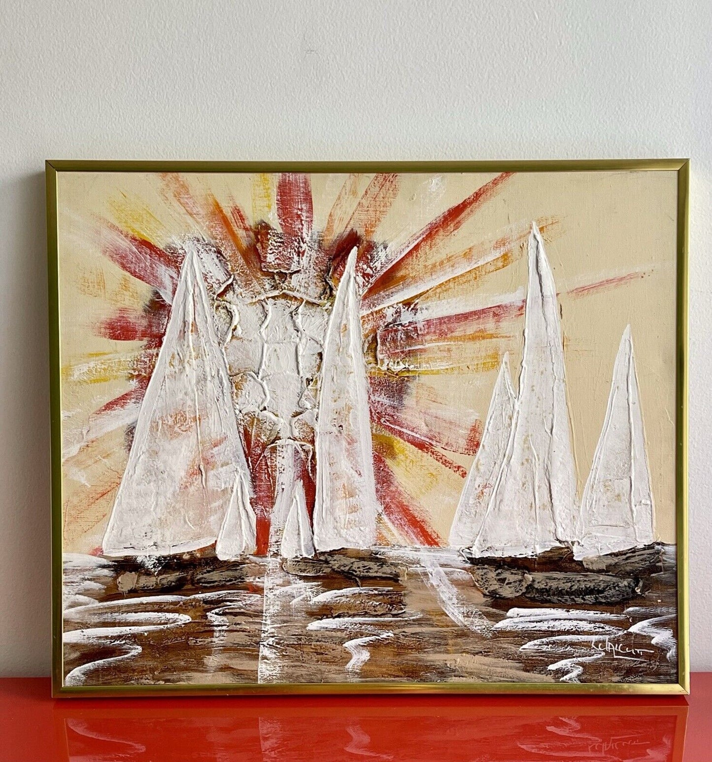 Abstract Nautical Boat Painting HEAVY IMPASTO MCM Retro Framed Signed 70s MOD0