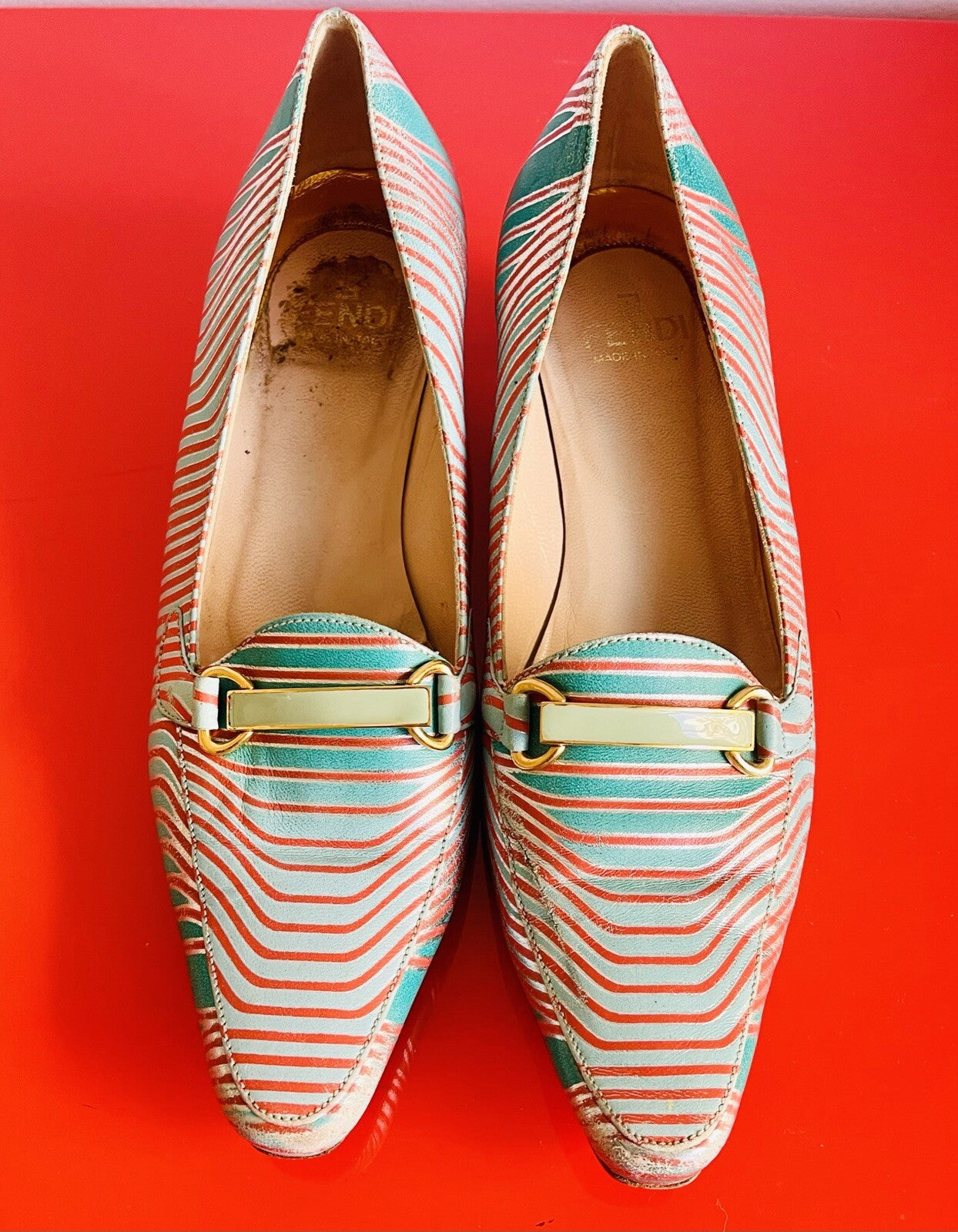FENDI RETRO Size 35-1/2 Italy Vintage 80s 90s Kitten Heel Spring Striped Pumps1