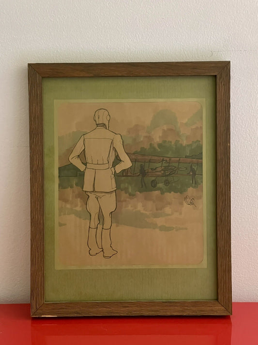 Orig Art AVIATOR & AIRPLANE by Mort Kuff Watercolor 1970s Framed Vintage Biplane0