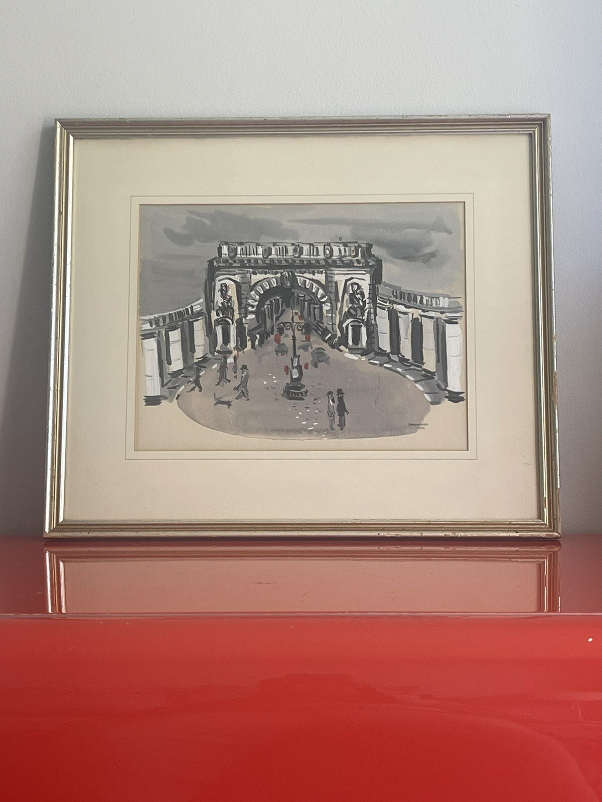 Orig. 1950 Parisian Arch Painting Fine Art Midcentury Watercolor Gouache Signed1