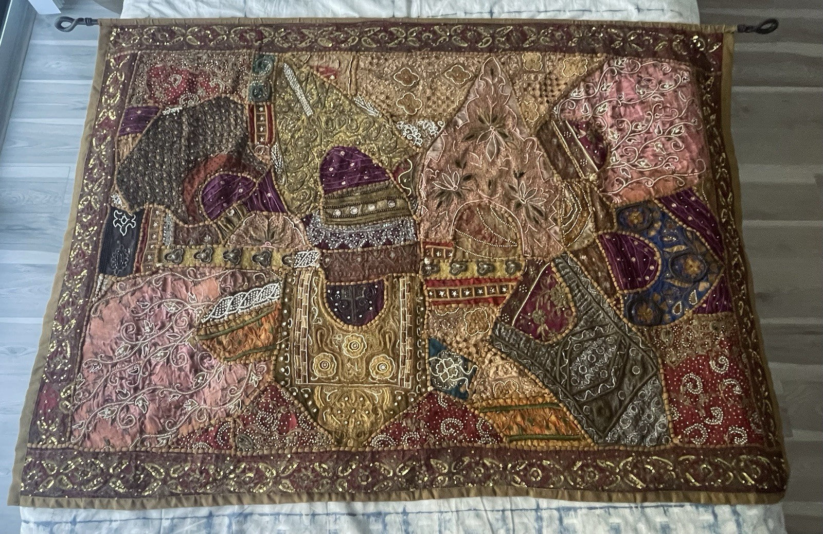 62” x 44” Antique Tapestry Wall Hanging Embellished w Sequins Pearls Gold Thread1