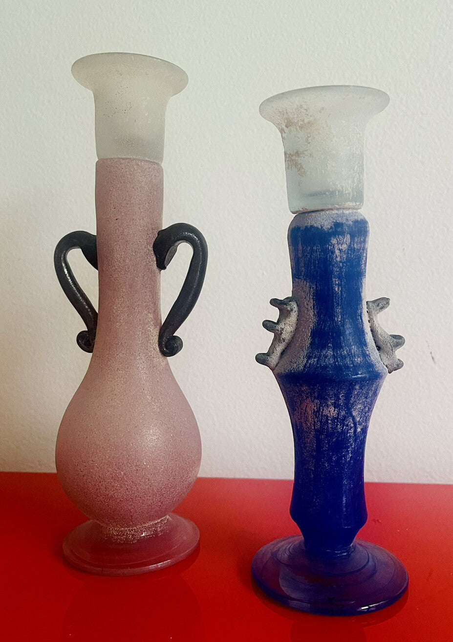 Vintage Italian Art Glass Etruscan Style Candlestick Pair MCM Hand Blown Scavo1