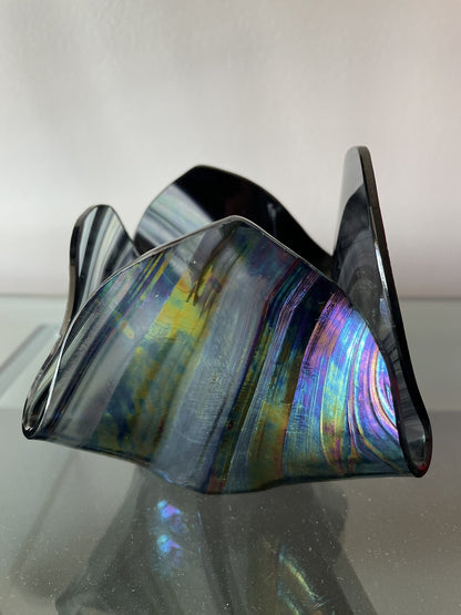 Iridescent Fazzoletto Folded Handkerchief Art Glass Signed Vintage 4” x 6” Excl0