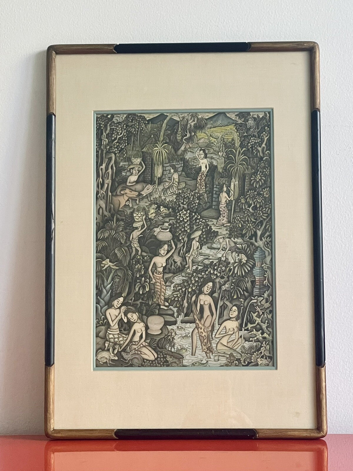1950s Indonesian Batuan Bali Ink & Watercolor Allegory Painting Midcentury Mod1
