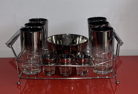 Silver Art Deco Style Cocktail Bar Set Vitreon Queens Lusterware 14pc Caddy GLAM0