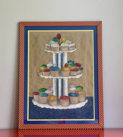 MOD Cupcakes Mixed Media Pop Art Painting Thiebaud Vibes 80s 90s AWESOME FRAME1