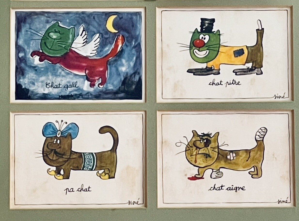 French Cat Postcards 60s 70s Visual Puns Cartoonist Maurice Sinet Framed Siné3