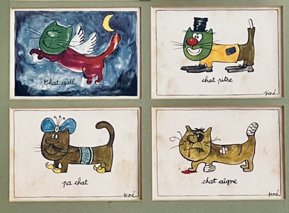 French Cat Postcards 60s 70s Visual Puns Cartoonist Maurice Sinet Framed Siné3