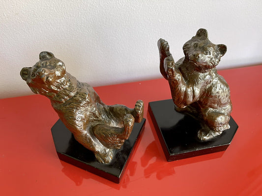 Vintage Frolicking Bear Bookends Louis Albert Carvin (?) Art Deco Marble Base0