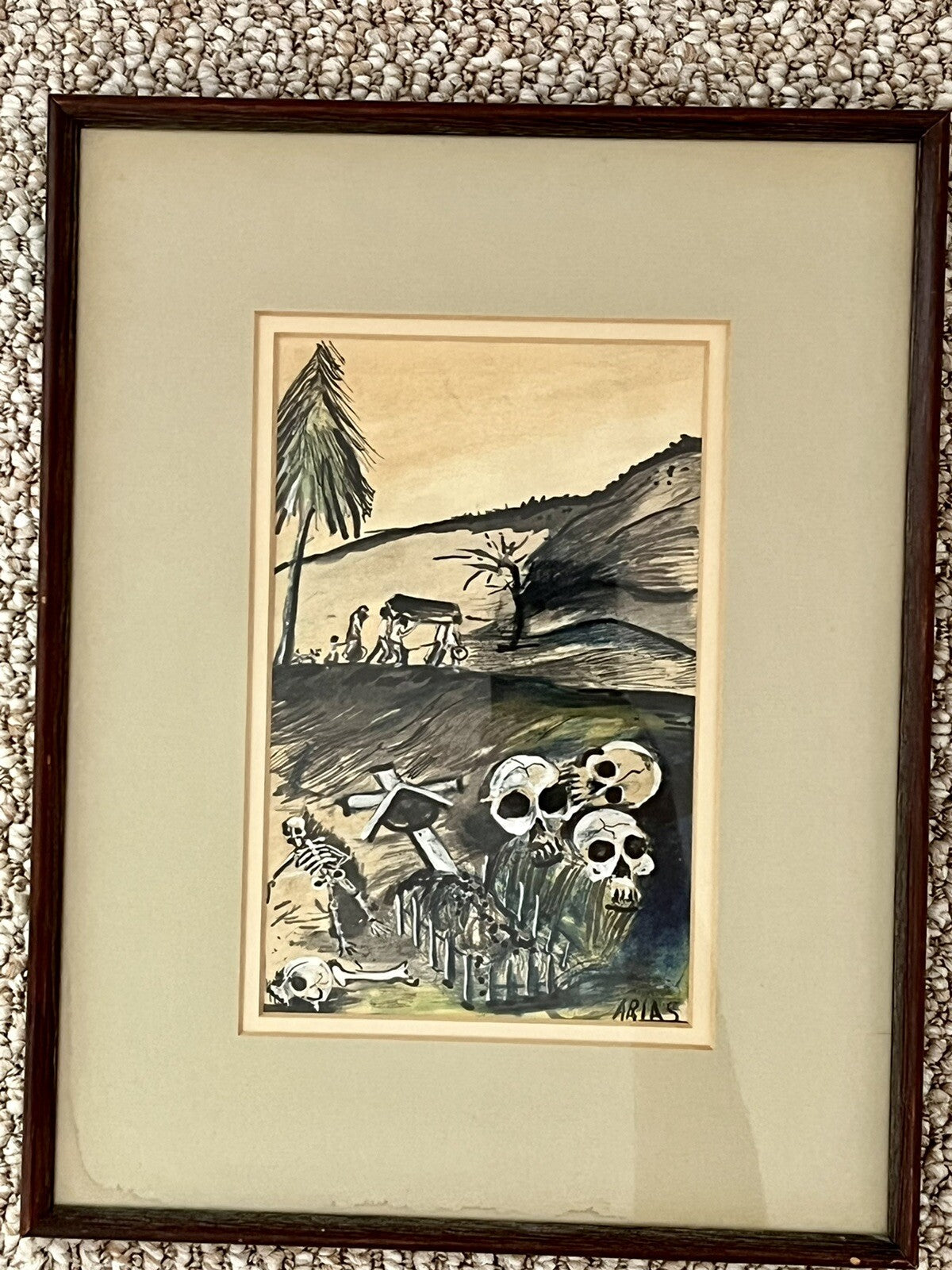 Eerie Funeral Grave Skulls Creepy Modernist Art Watercolor Gouache Signed ARIAS1