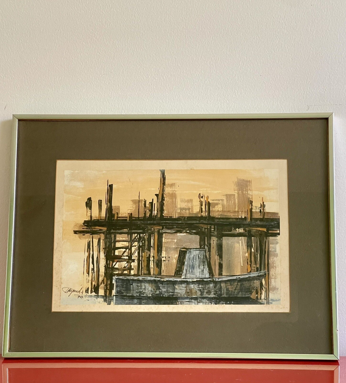 Original 1970 Abstract Modernist Dock Painting Plein Air Illegibly Signed Framed1