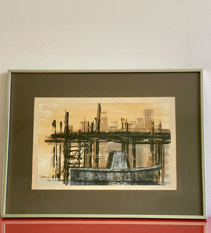 Original 1970 Abstract Modernist Dock Painting Plein Air Illegibly Signed Framed1