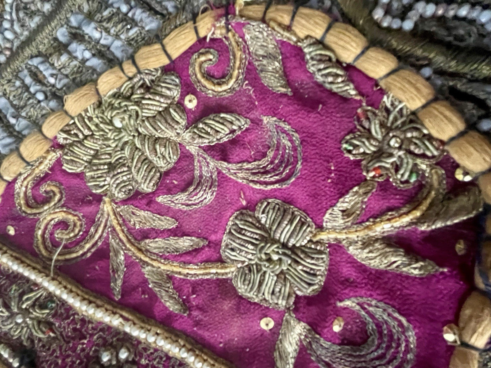 62” x 44” Antique Tapestry Wall Hanging Embellished w Sequins Pearls Gold Thread4