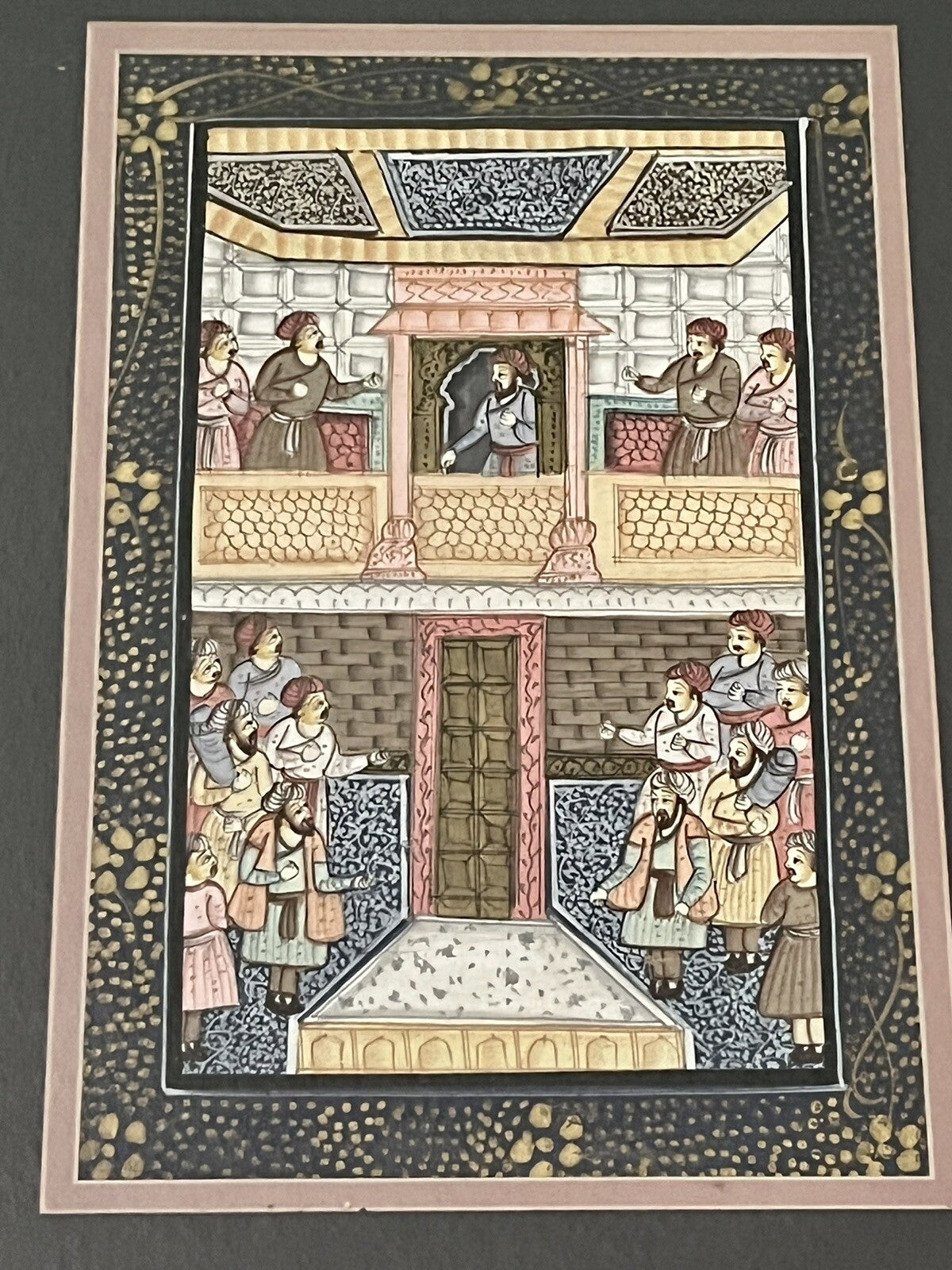 Pair Antique 19th c. Indo-Persian Palace Scenes Mughal Framed Watercolor Ink Art1