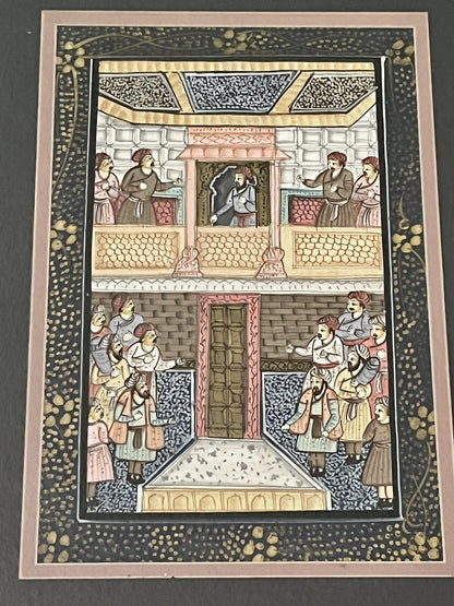 Pair Antique 19th c. Indo-Persian Palace Scenes Mughal Framed Watercolor Ink Art1