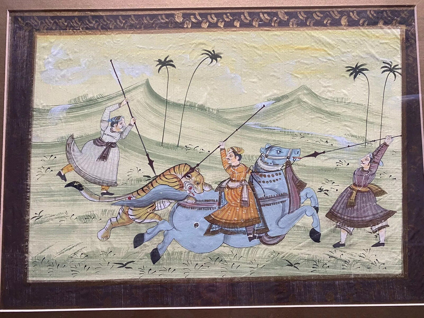 Persian Hunting Scenes Rajasthani Mughal Framed Silk Art Antique 19th Century1