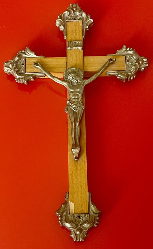 Vintage Cast Metal & Oak Wall Cross Crucifix 12” MCM Ornate Italian Retro Style0