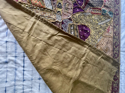 62” x 44” Antique Tapestry Wall Hanging Embellished w Sequins Pearls Gold Thread7