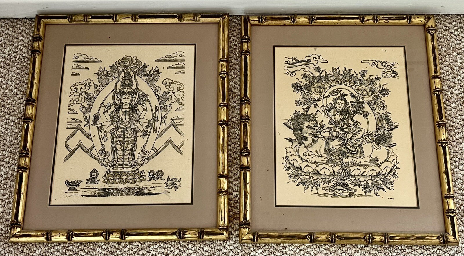 T Muni Australian Artist Framed Mandala Goddess Dharma Buddhist Ink & Gold PAIR0