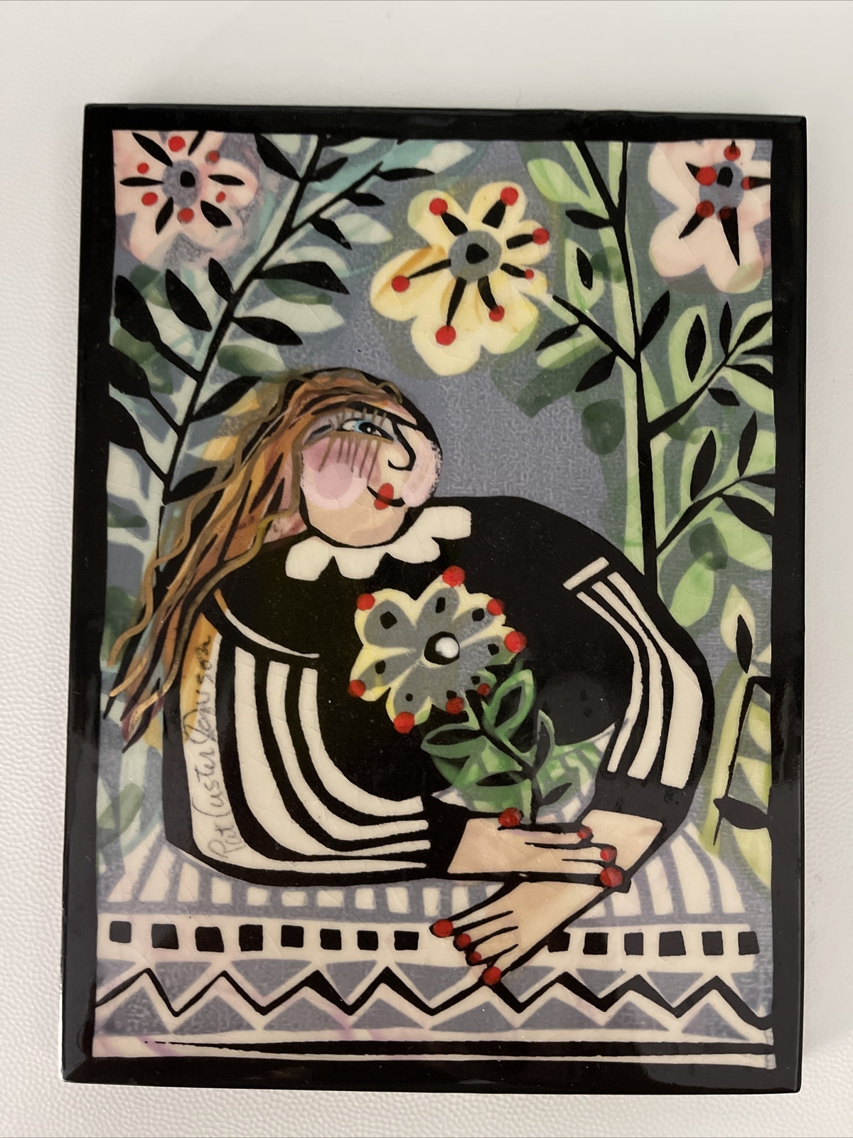 Tile Trivet Pat Custer Denison Art Pottery Handpainted Signed 6” x 8” Vintage0